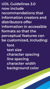 UDL Guidelines 3.0 now include recommendations that information creators and distributors offer information in accessible formats so that the perceptual features can be customized, including: font text size character spacing line spacing character width background color