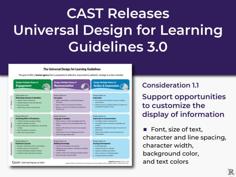 CAST Releases Universal Design for Learning Guidelines 3.0, Support opportunities to customize the display of information, Font, size of text, character and line spacing, character width, background color, and text colors