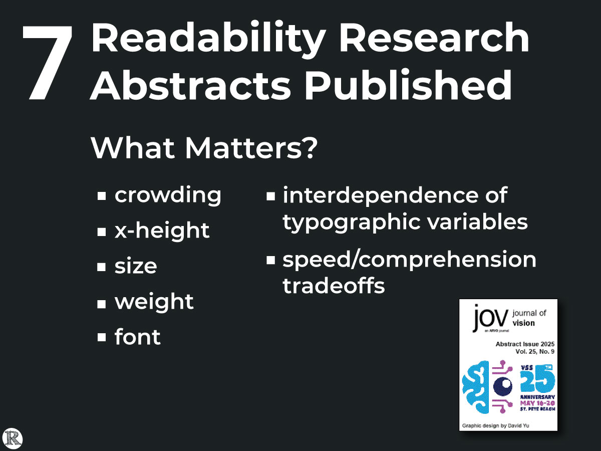 Readability Research Abstracts Published: *crowding *x-height *size *weight *font *interdependence of typographic variables *speed/comprehension tradeoffs