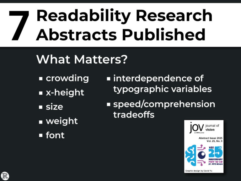Readability Research Abstracts Published: *crowding *x-height *size *weight *font *interdependence of typographic variables *speed/comprehension tradeoffs